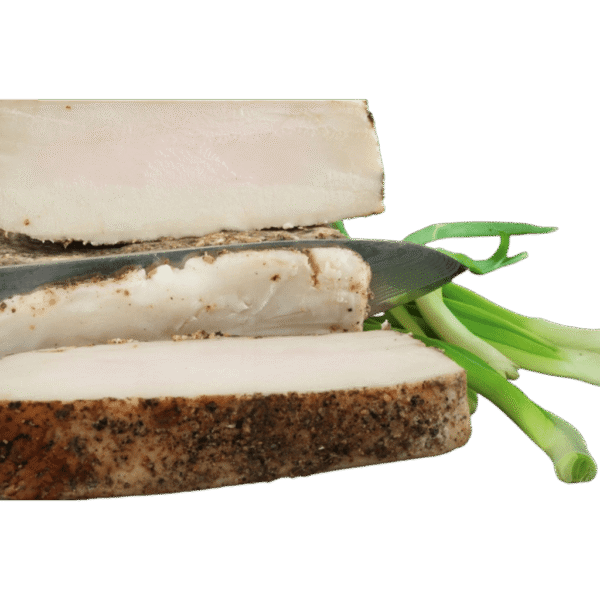 Loard with garlic, black pepper and bay leaf